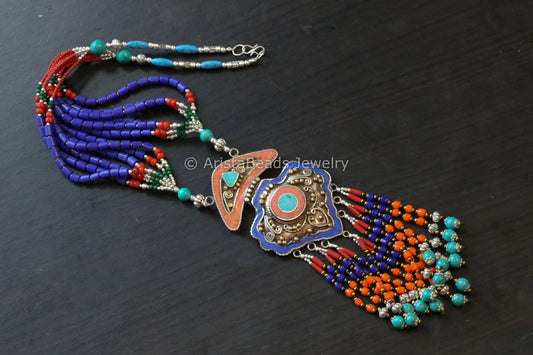 Real Tibetan Necklace With Semiprecious Stones - Design 15