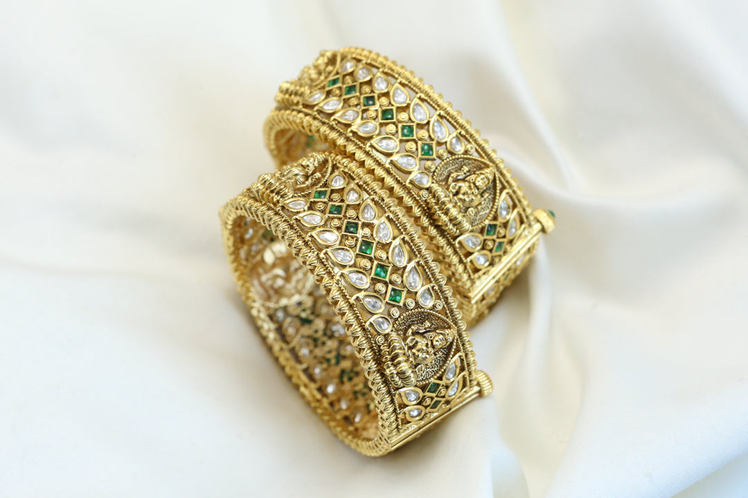 Gold Lakshmi Polki Kundan Bangles - Green