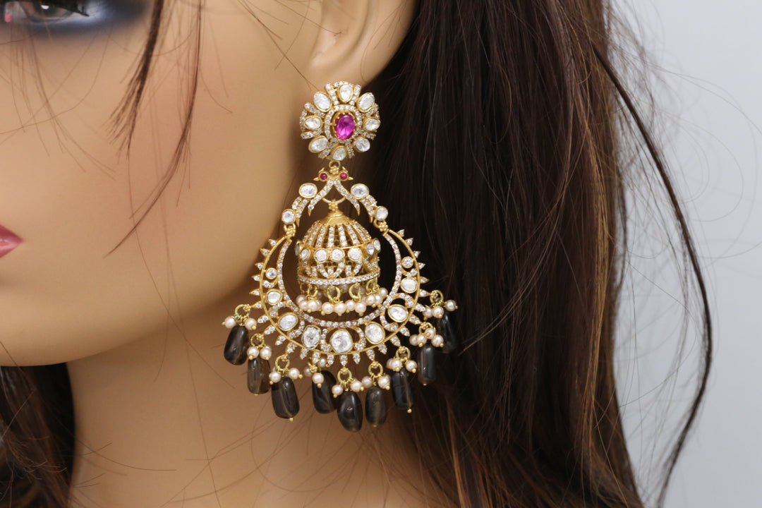 Real Moissanite Jhumka Chandbaali - Smokey Quartz
