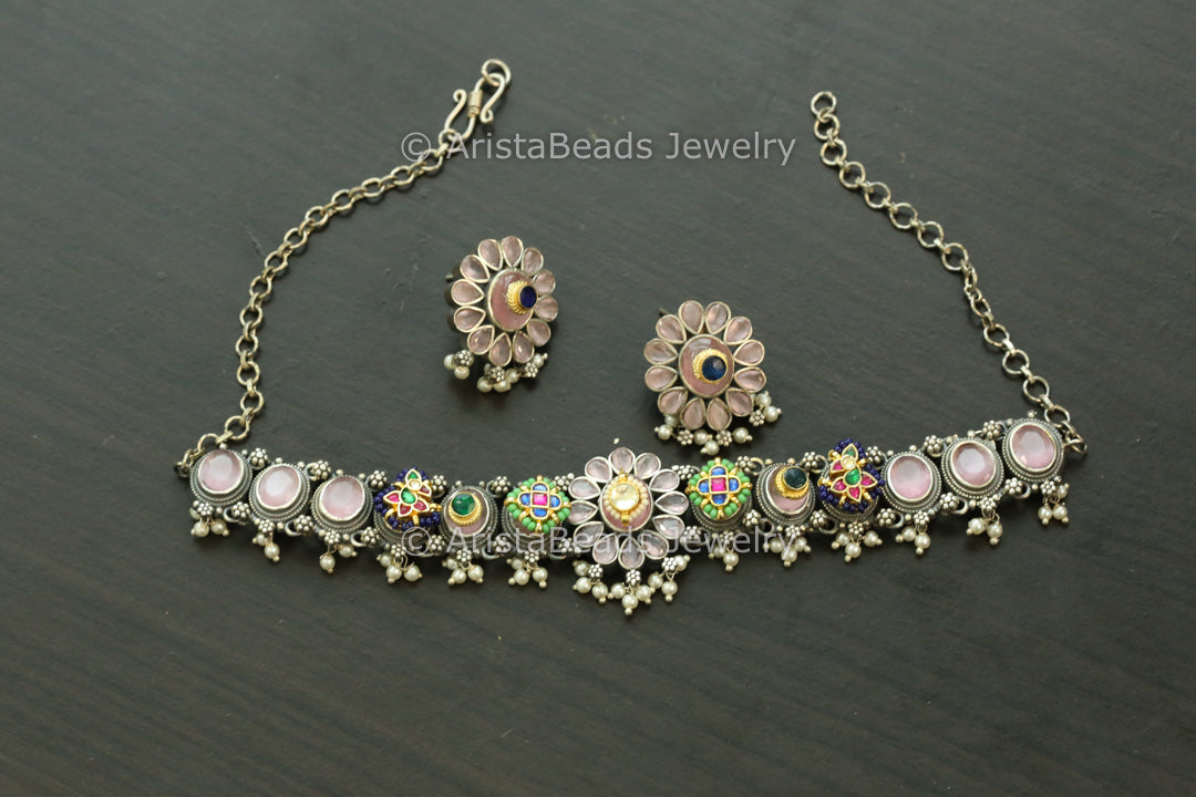 Silver Replica Fusion Kundan Necklace Set - Pink