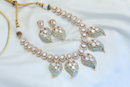 Real Moissanite Polki Necklace Set - Mint
