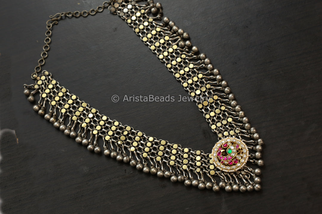 Long Oxidized Silver Look Alike Fusion Neclace