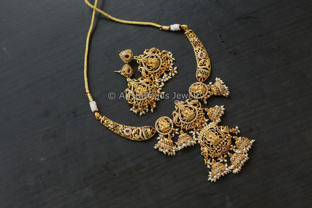 CZ Jhumka Temple Necklace Set