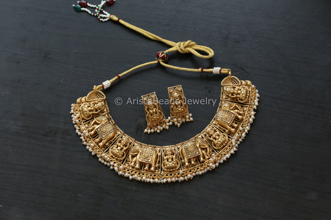 Matt Antique Gold Lakshmi Necklace Set