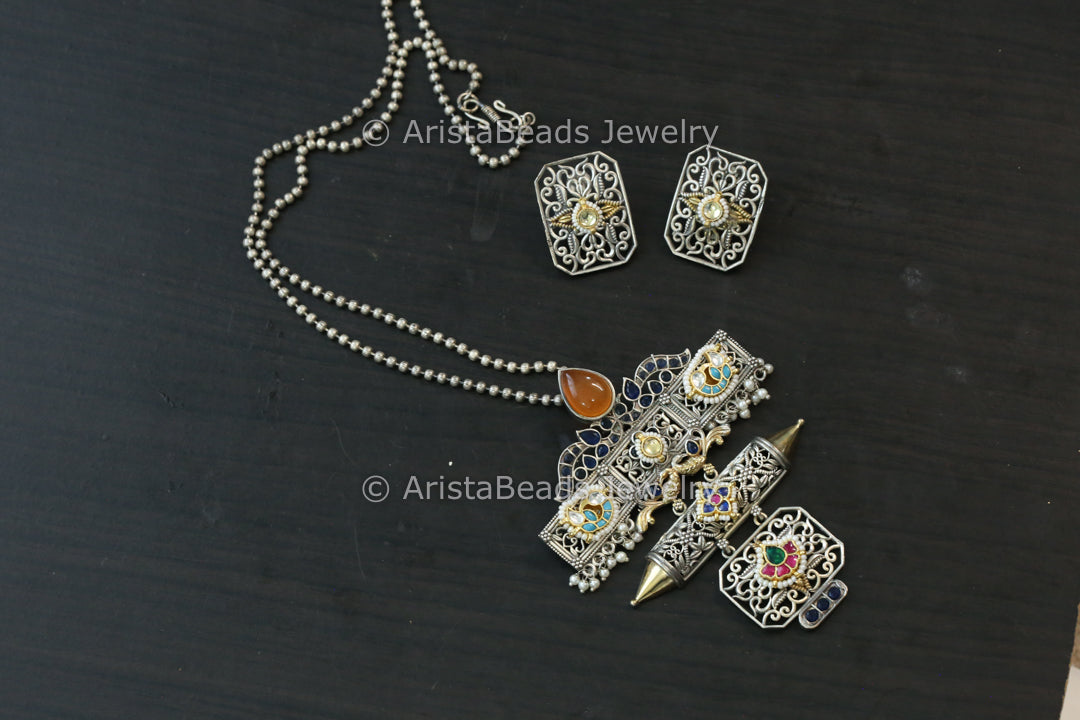Silver Replica Fusion Kundan Pendant Set