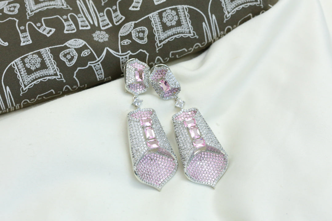 Pave Setting CZ Folded Leaf Earrings - Pink