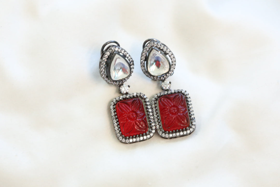 Red Carved Stone Kundan Polki Earrings