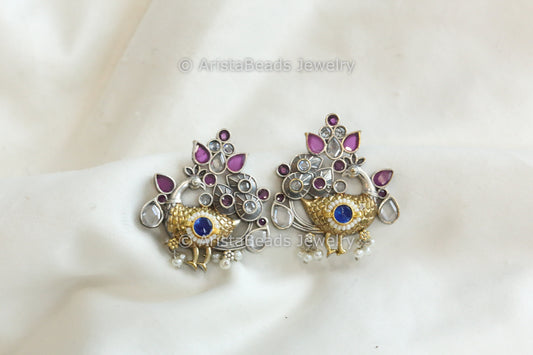 Mayura Kundan Fusion Stud - Blue Ruby