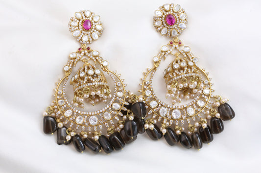 Real Moissanite Jhumka Chandbaali - Smokey Quartz