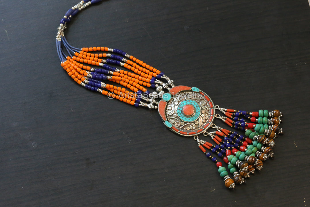 Real Tibetan Necklace With Semiprecious Stones - Design 6