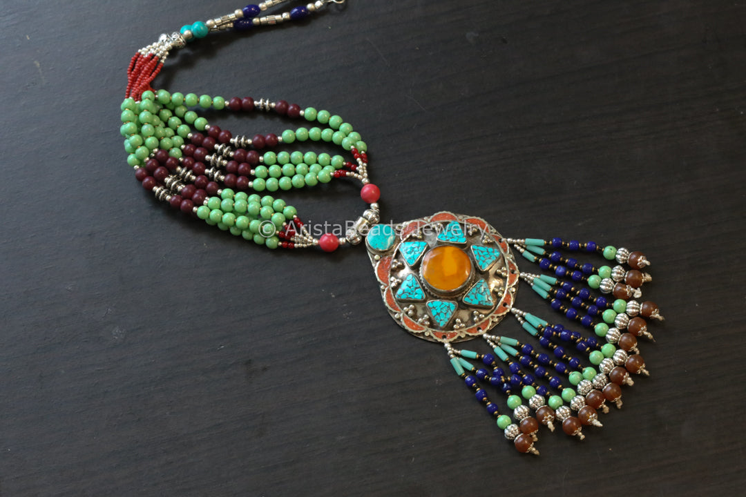 Real Tibetan Necklace With Semiprecious Stones - Design 12