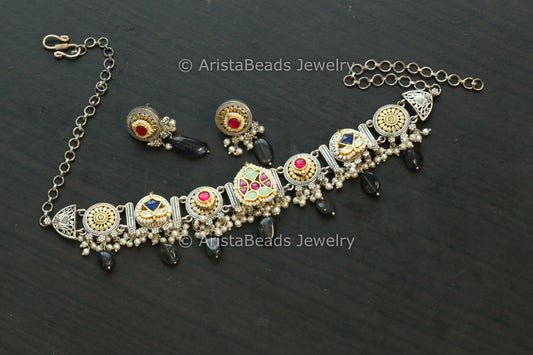 Silver Replica Fusion Kundan Necklace Set - Style 4