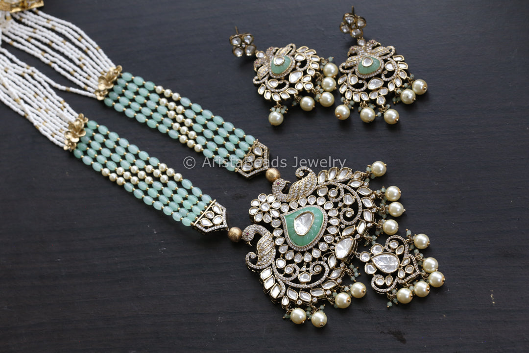 Premium Moissanite Look Polki Kundan Necklace Set - Mint