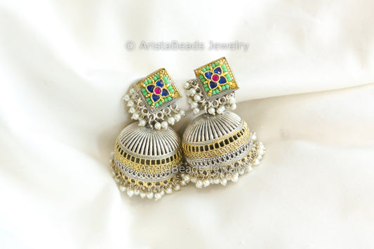 Blue Green Fusion Kundan Jhumka
