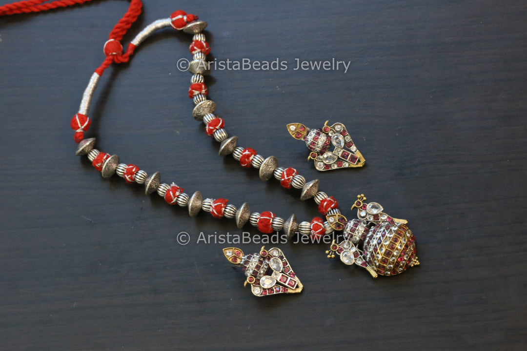 Kalash Silver Jadau Look Necklace Set - Red