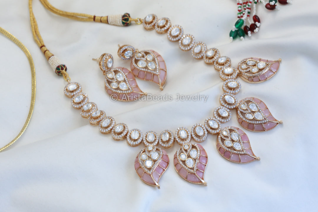 Real Moissanite Polki Necklace Set - Pink