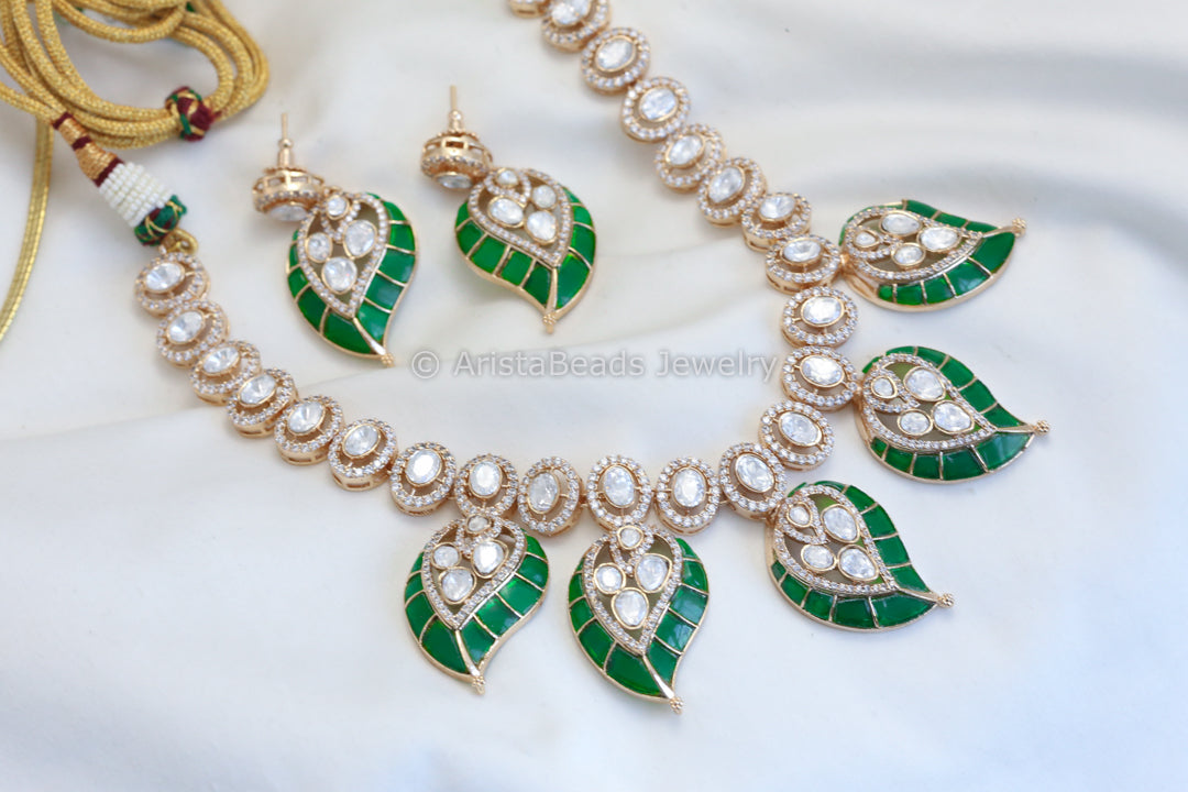 Real Moissanite Polki Necklace Set - Green