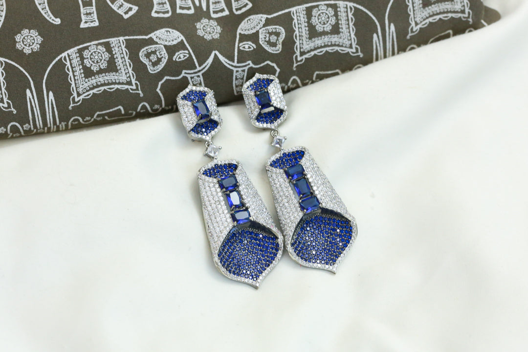 Pave Setting CZ Folded Leaf Earrings - Blue