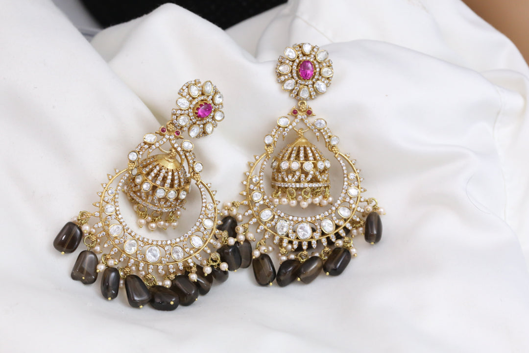 Real Moissanite Jhumka Chandbaali - Smokey Quartz