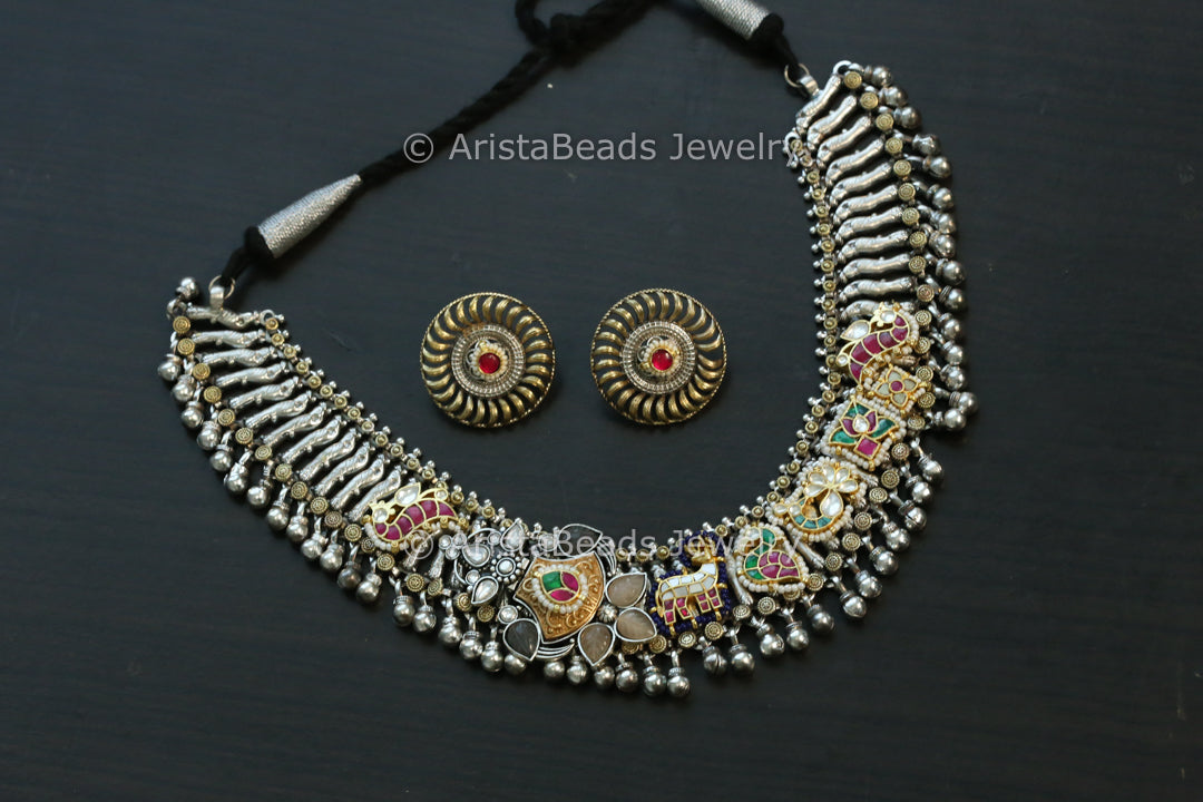 Next To Real Silver Kundan Fusion Necklace Set - Peach Gray