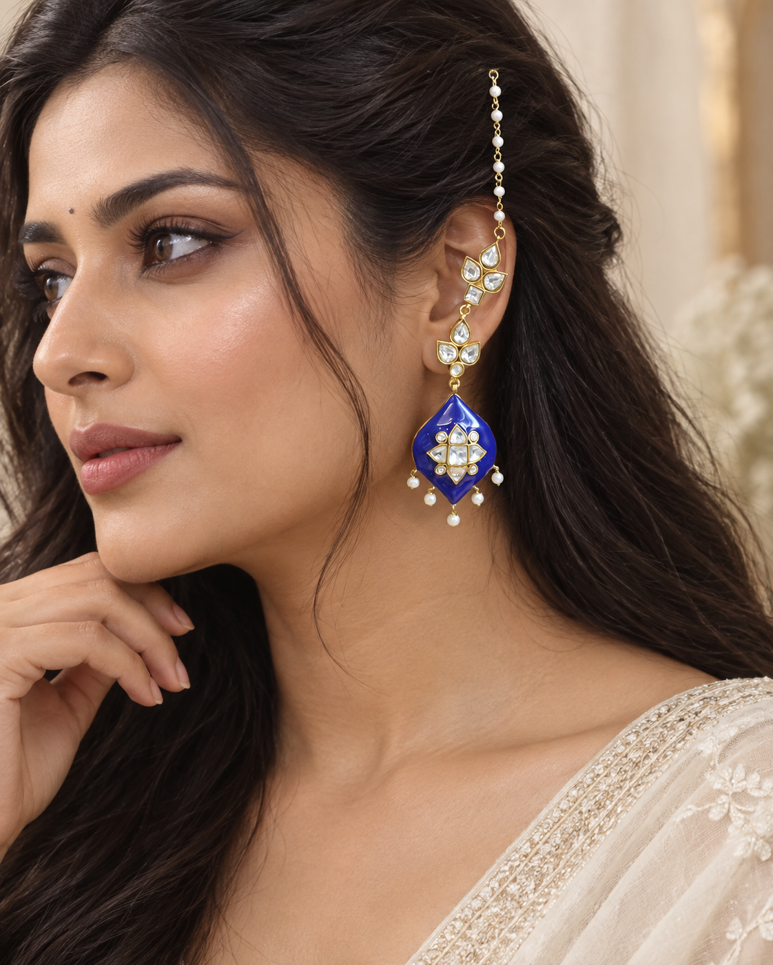 Deepa Enamel Jadau Kundan Earrings - Blue