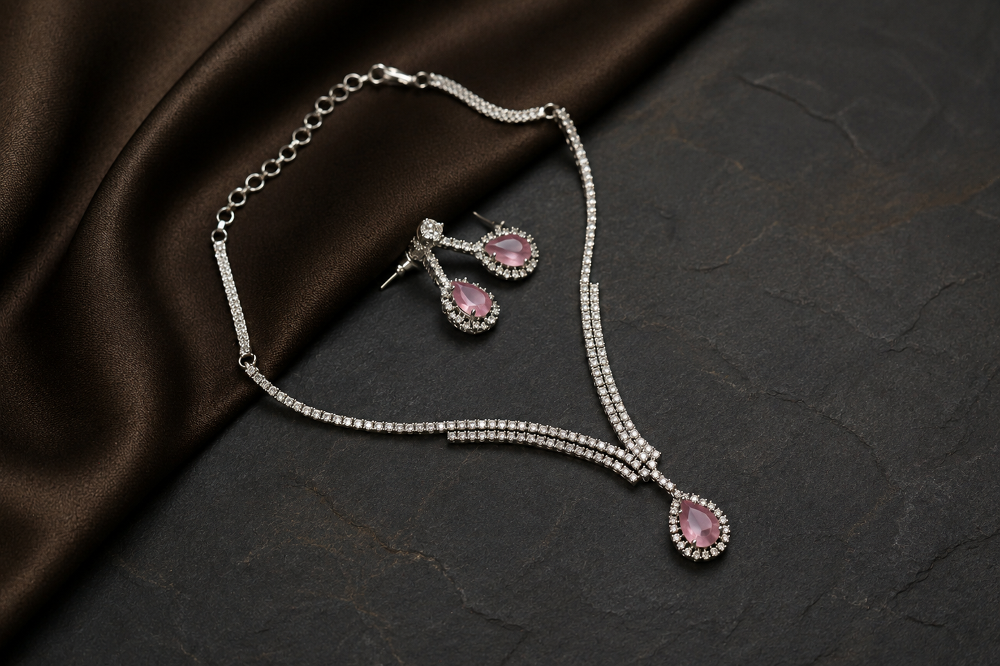 Dainty Solitaire Necklace Set - Pink