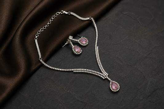 Dainty Solitaire Necklace Set - Pink
