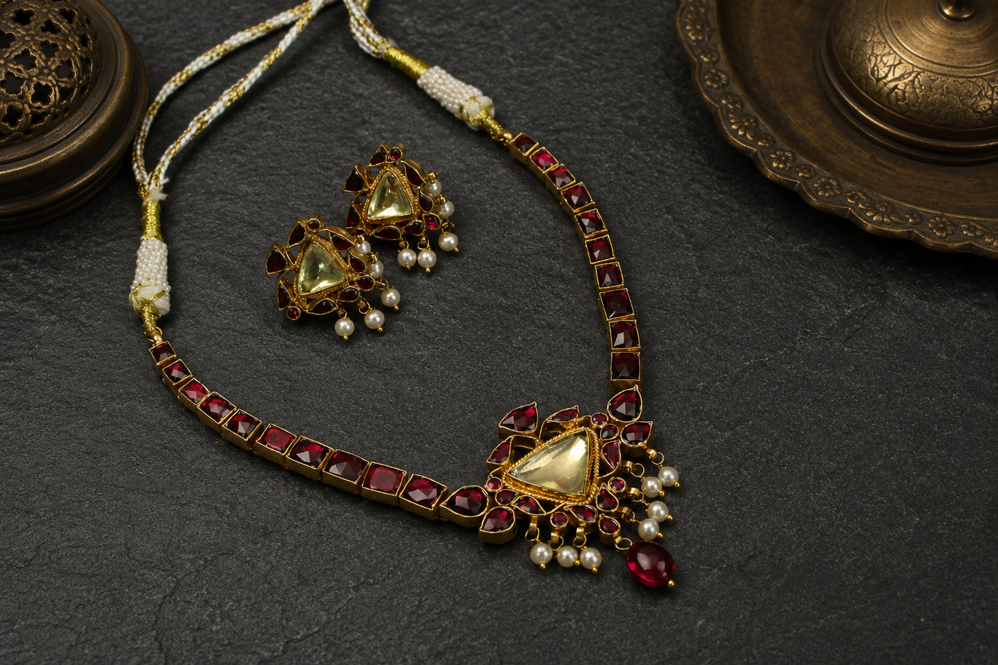 Suvarna Real Rhodiolite, Fresh Water Pearls & Yellow Polki Kundan Set