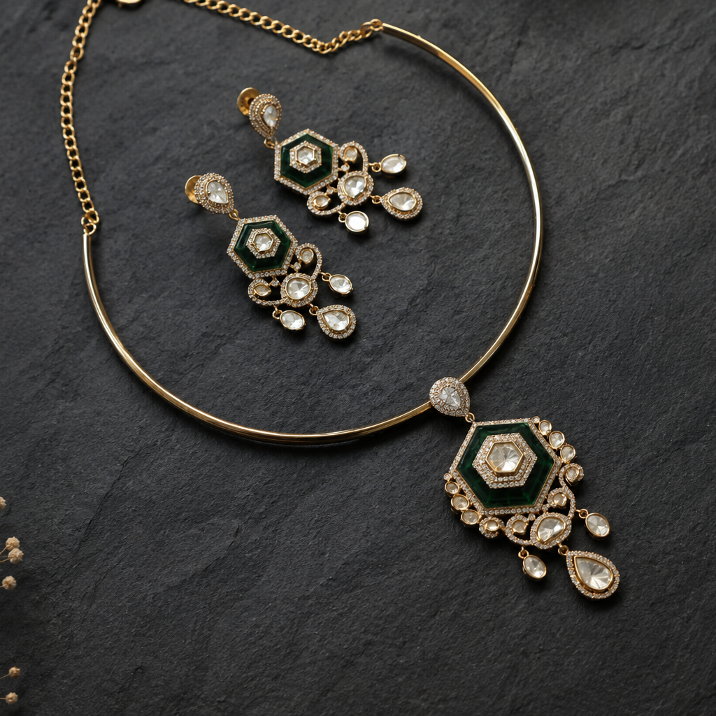 Dainty Green Pota Stone & Kundan Hasli Set