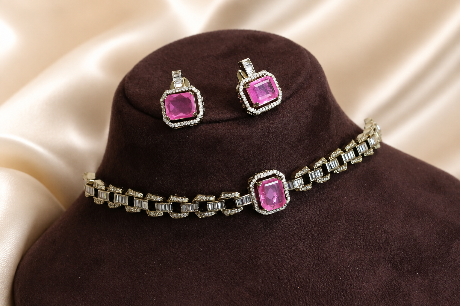 Sunehri Bouquet Stones & Pink Doublet Choker Set