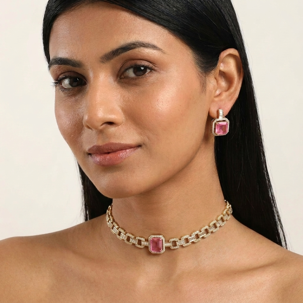 Sunehri Bouquet Stones & Pink Doublet Choker Set