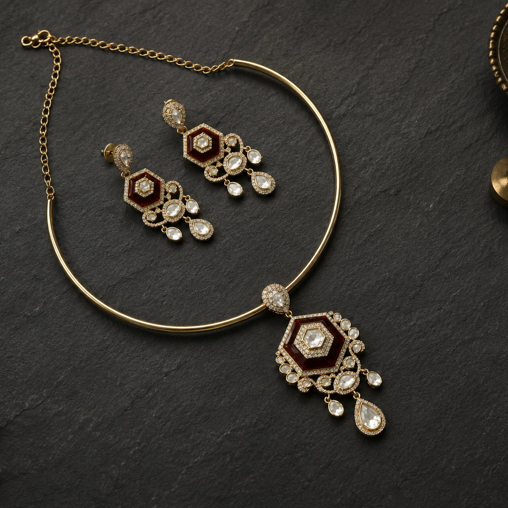 Dainty Red Pota Stone & Kundan Hasli Set