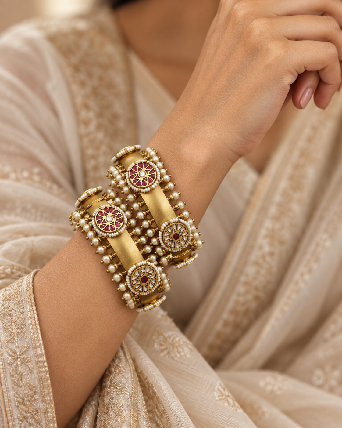 Meher Vintage Gold Jadau Bangles (Openable) - 2.4
