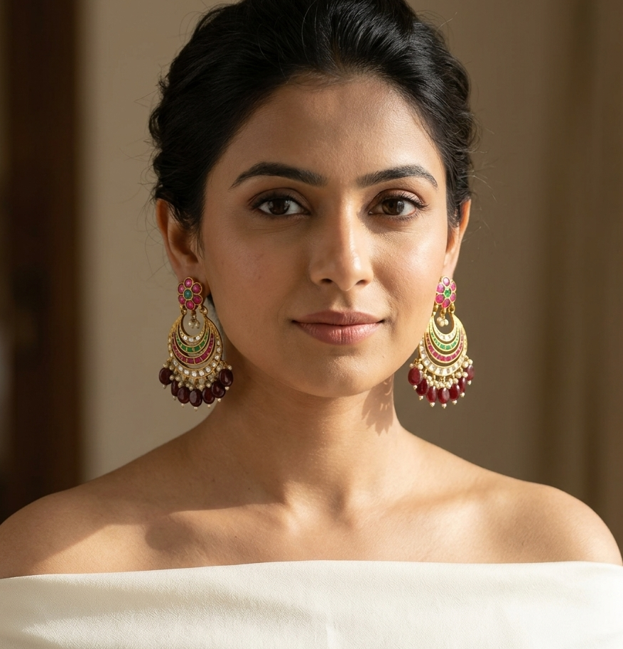 Kundan Jadau Chand Earrings  - Multi Color