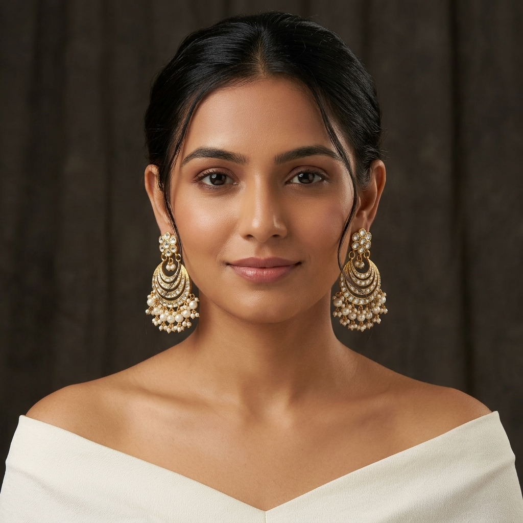 Kundan Jadau Chand Earrings  - Clear