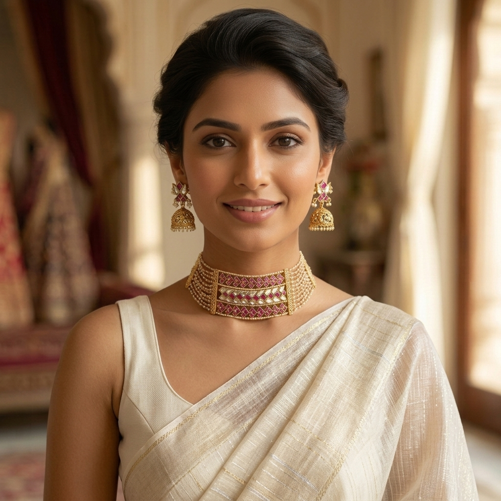 Designer Jadau Choker Set - Real Fresh Water Pearls