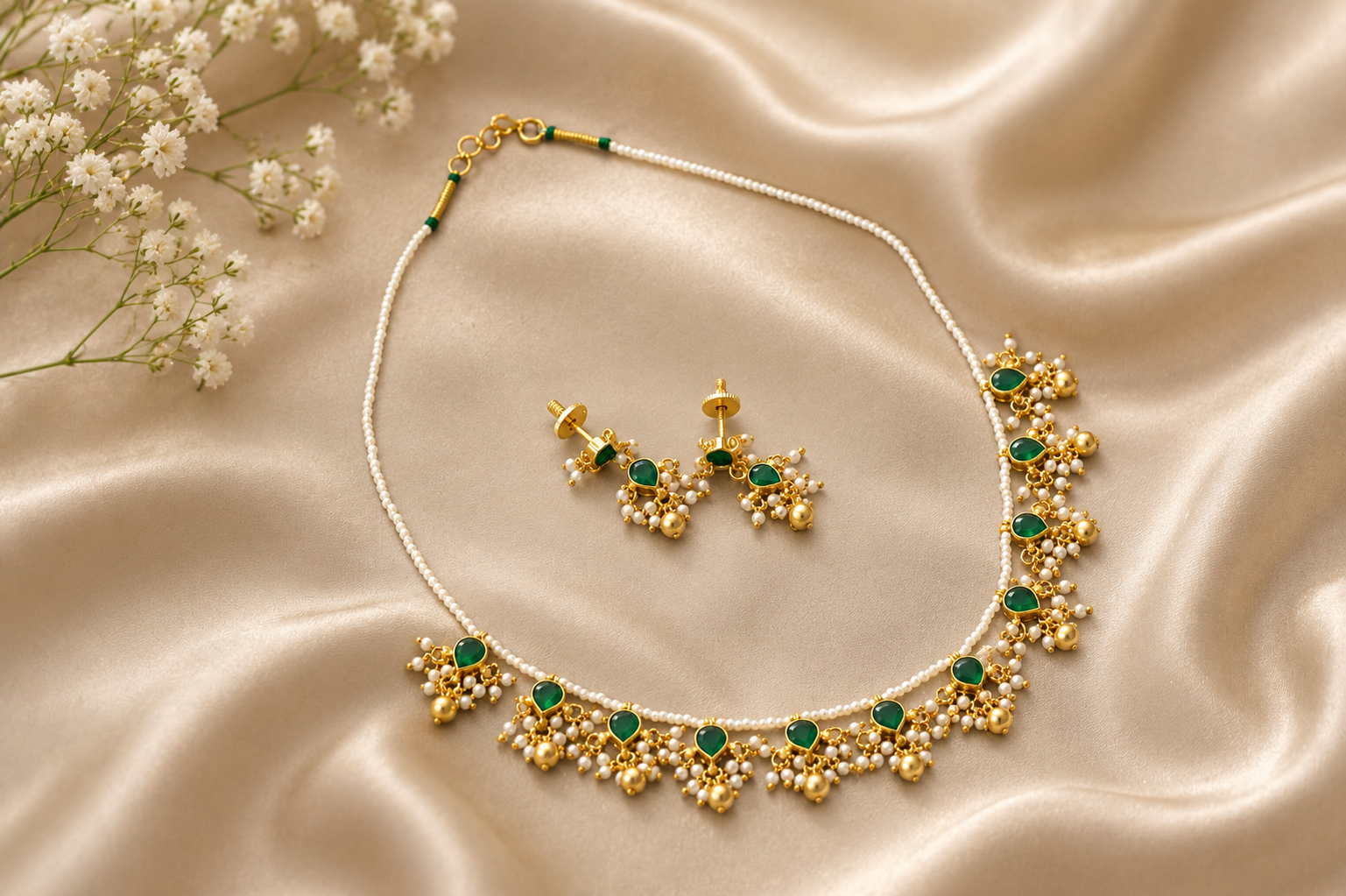Dainty Pachi Kundan Set  - Green