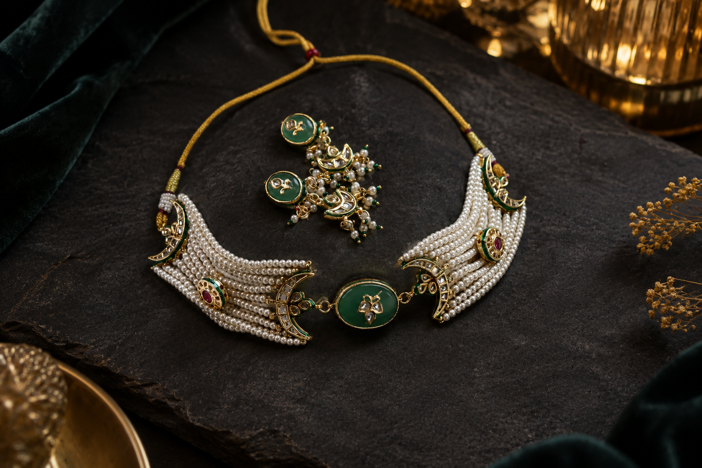 Inlay Kundan Beaded Choker Set - Pearls