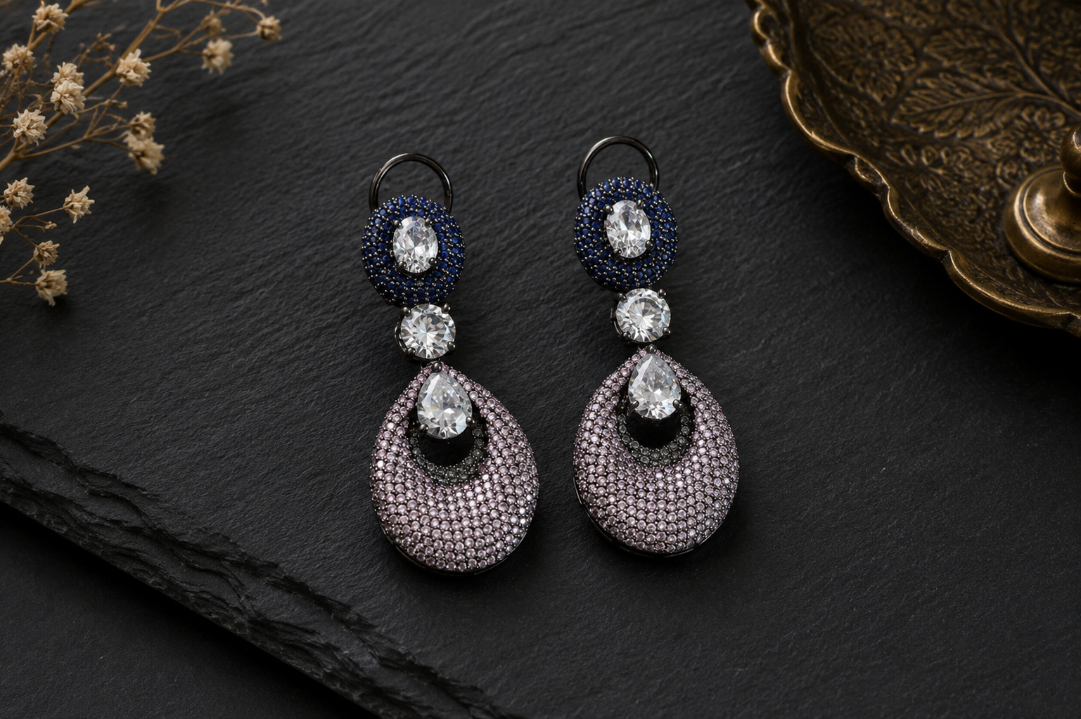 Contemporary Nano CZ Stone Earrings- Pink Blue