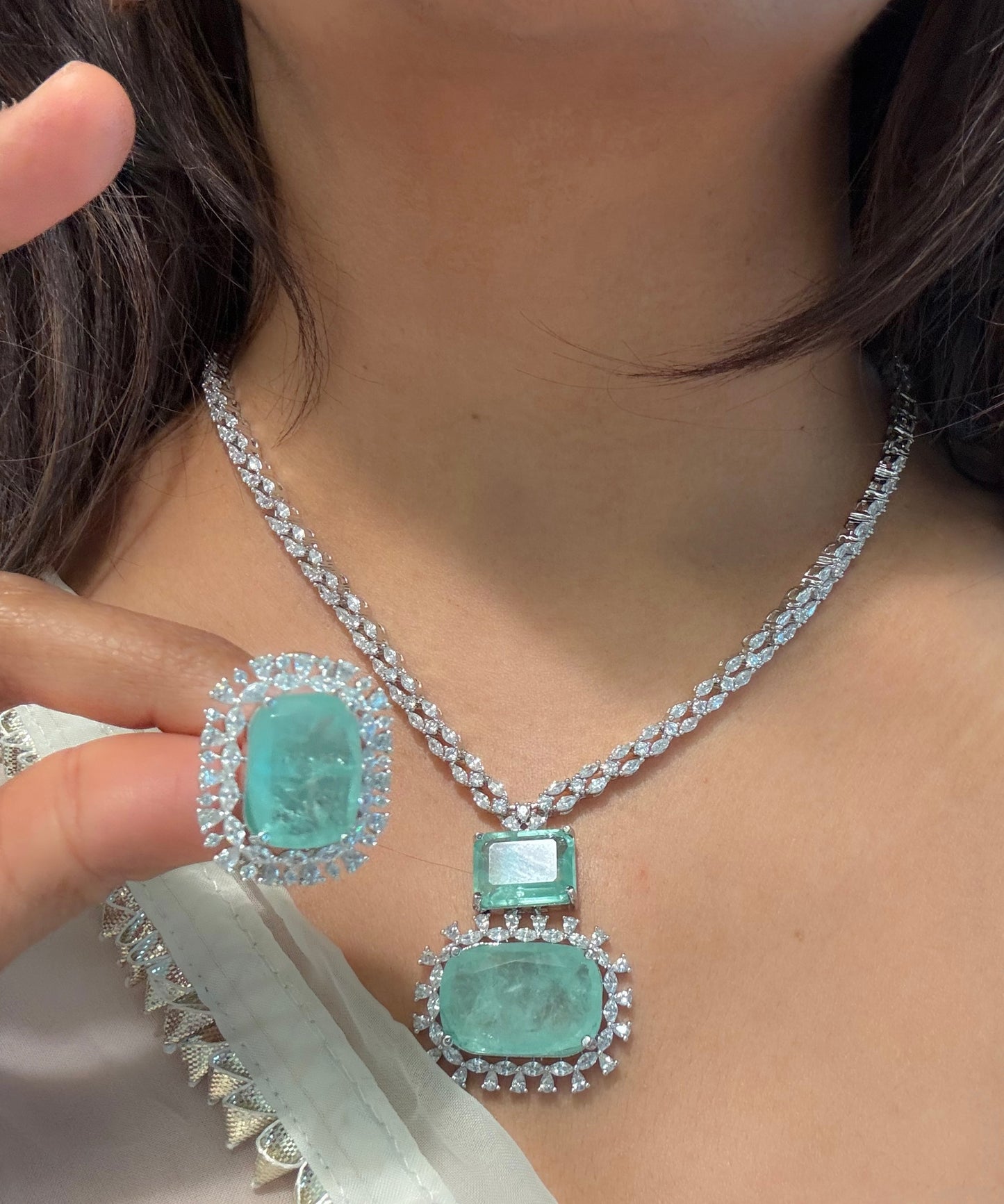 Ananya Premium CZ Necklace Set- Mint