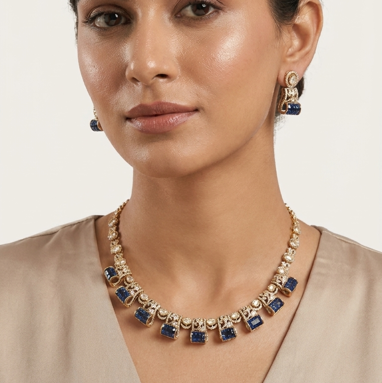 Invisible Setting, Uncut Polki & CZ Necklace Set - Blue