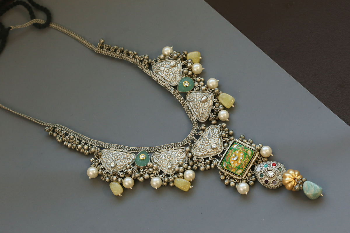 Lata Silver Polish Kundan & Semiprecious Stones Necklace