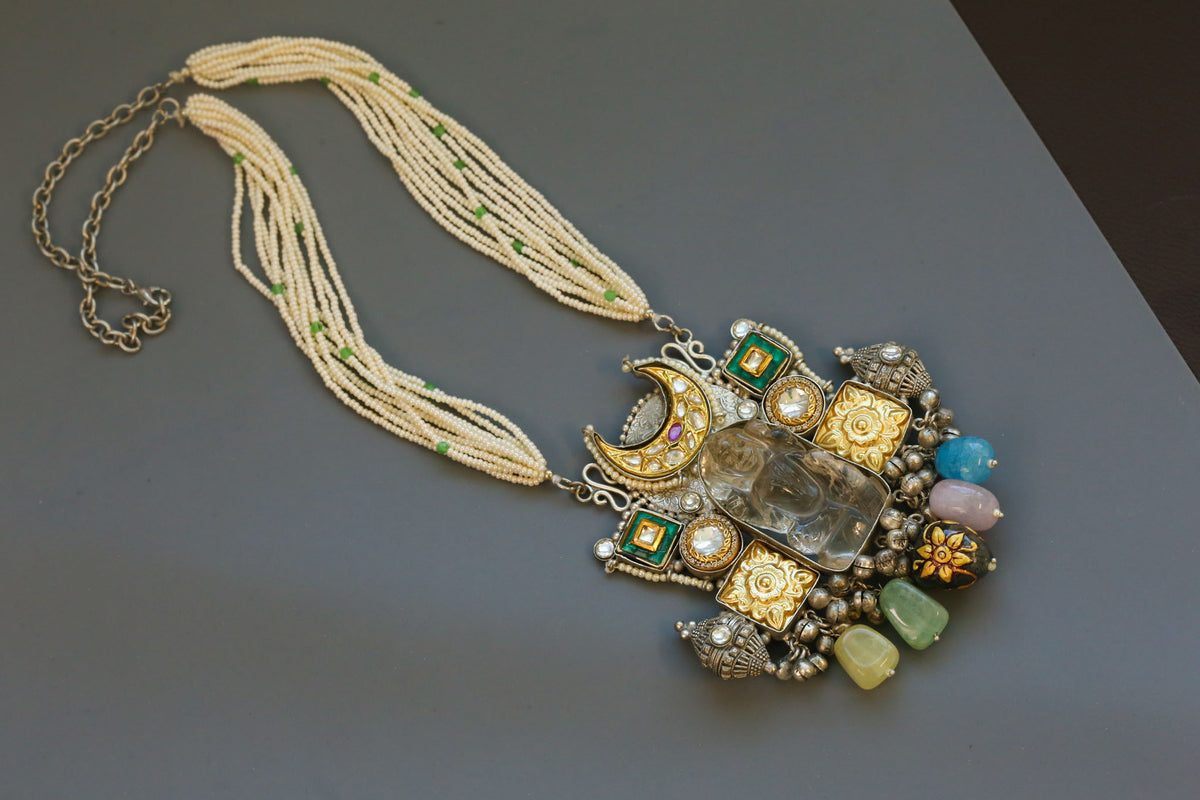Silver Polish Kundan & Semiprecious Stones Necklace