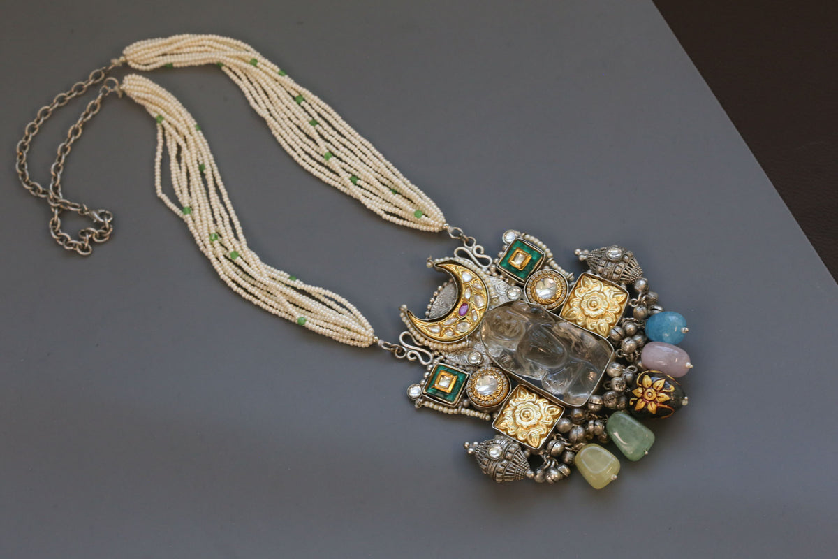 Silver Polish Kundan & Semiprecious Stones Necklace