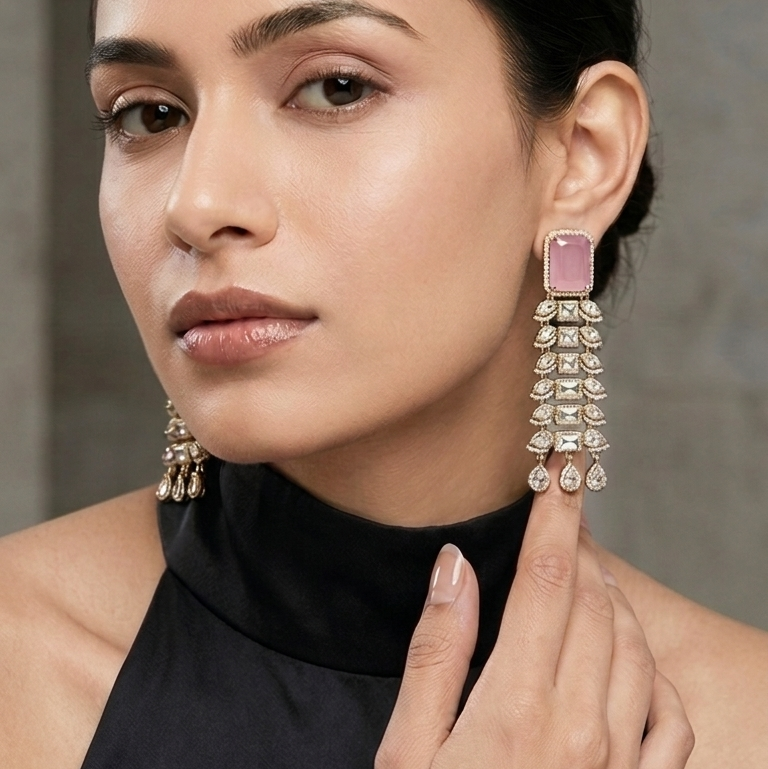 Contemporary Blush Pink Hydro & Uncut Polki Earrings