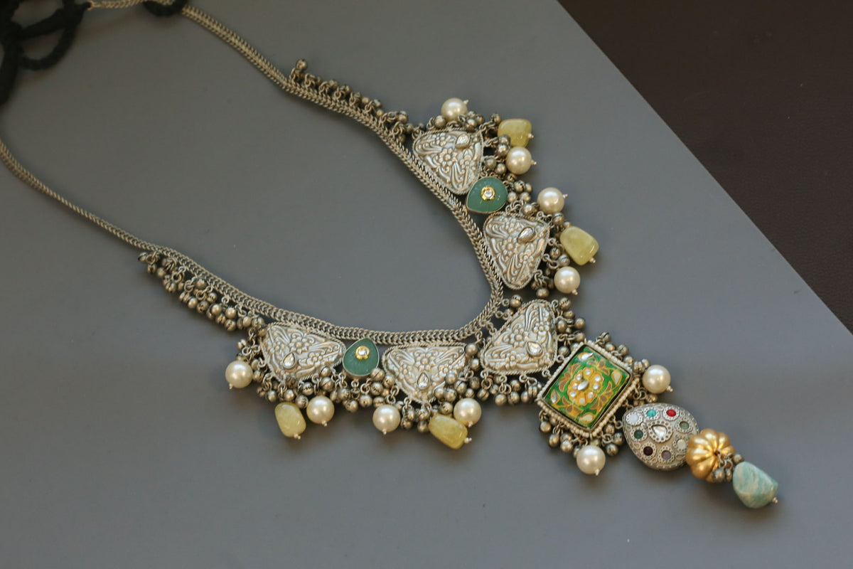 Lata Silver Polish Kundan & Semiprecious Stones Necklace