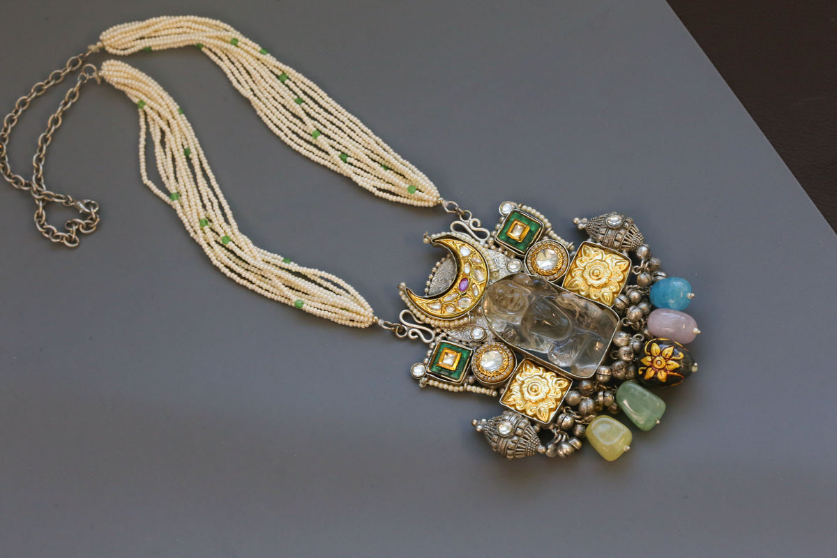 Silver Polish Kundan & Semiprecious Stones Necklace