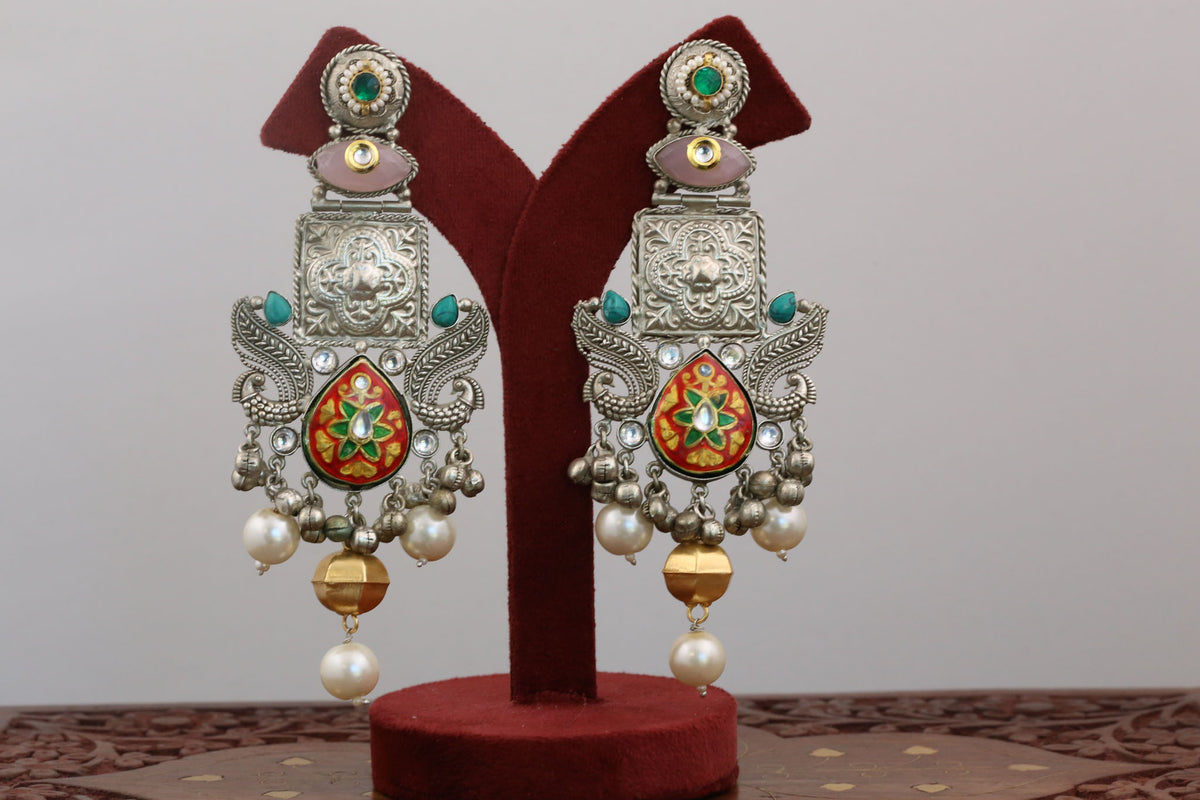 Large Fusion Meenakari & Kundan Dual Tone Earrings - Red