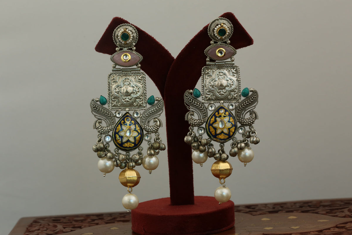 Large Fusion Meenakari & Kundan Dual Tone Earrings - Black