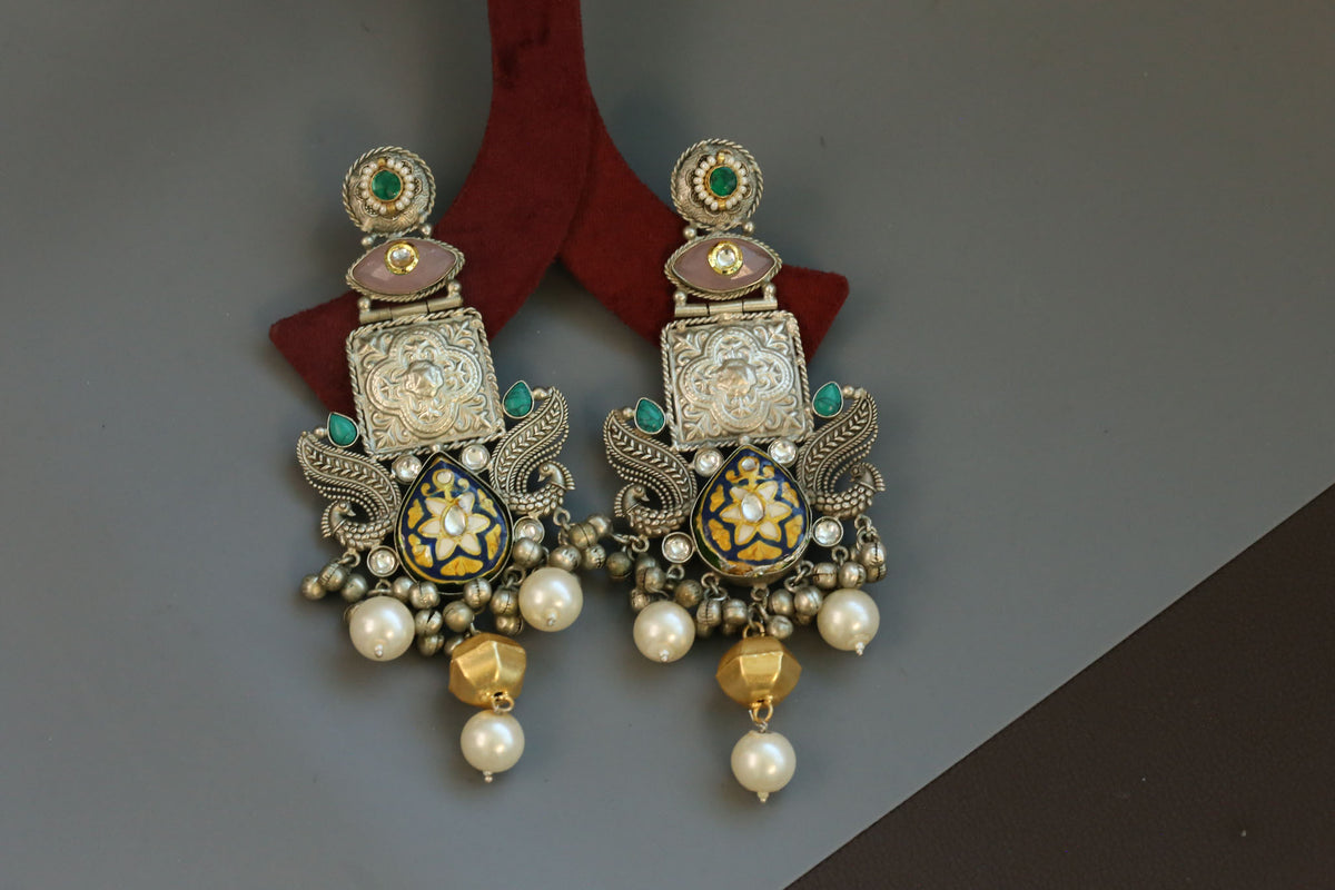 Large Fusion Meenakari & Kundan Dual Tone Earrings - Black
